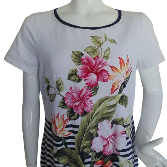 TOMMY BAHAMA Dress, L, White, Blue stripes, Floral print, Short sleeves, Jersey - Picture 2 of 11